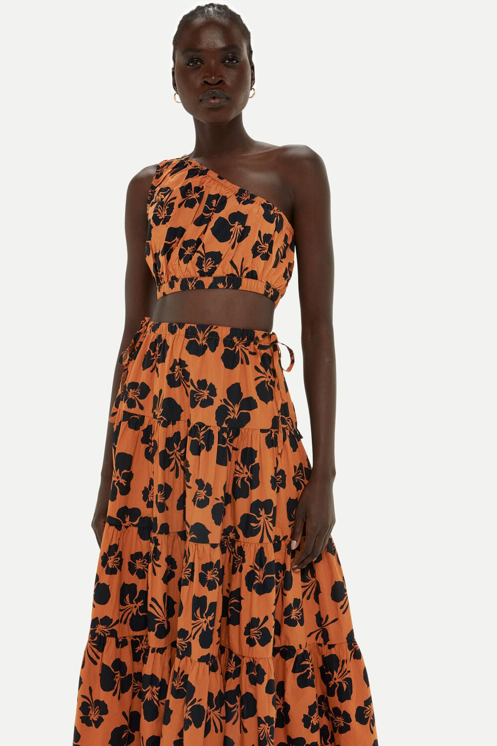 Brown Tropical Floral Tiered Skirt