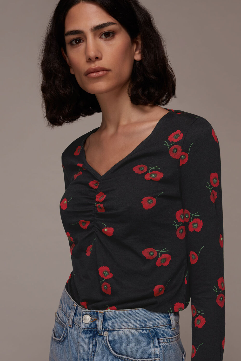 Poppy Print Ruched Neck Tee