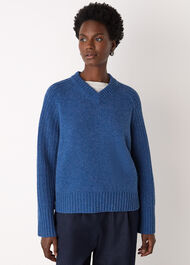 Wool Ribbed Sleeve V Neck Knit