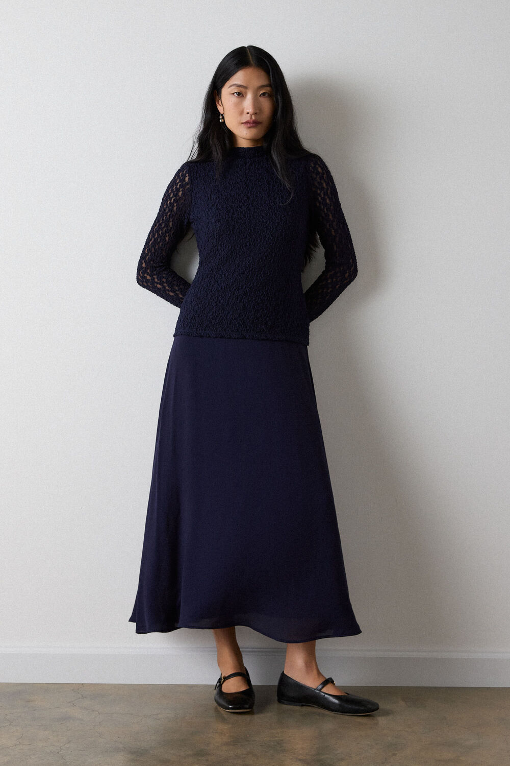Navy Textured Drop Waist Midi Dress
