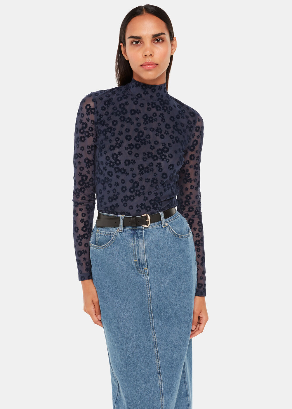 Navy Flower Crew Neck Mesh Top