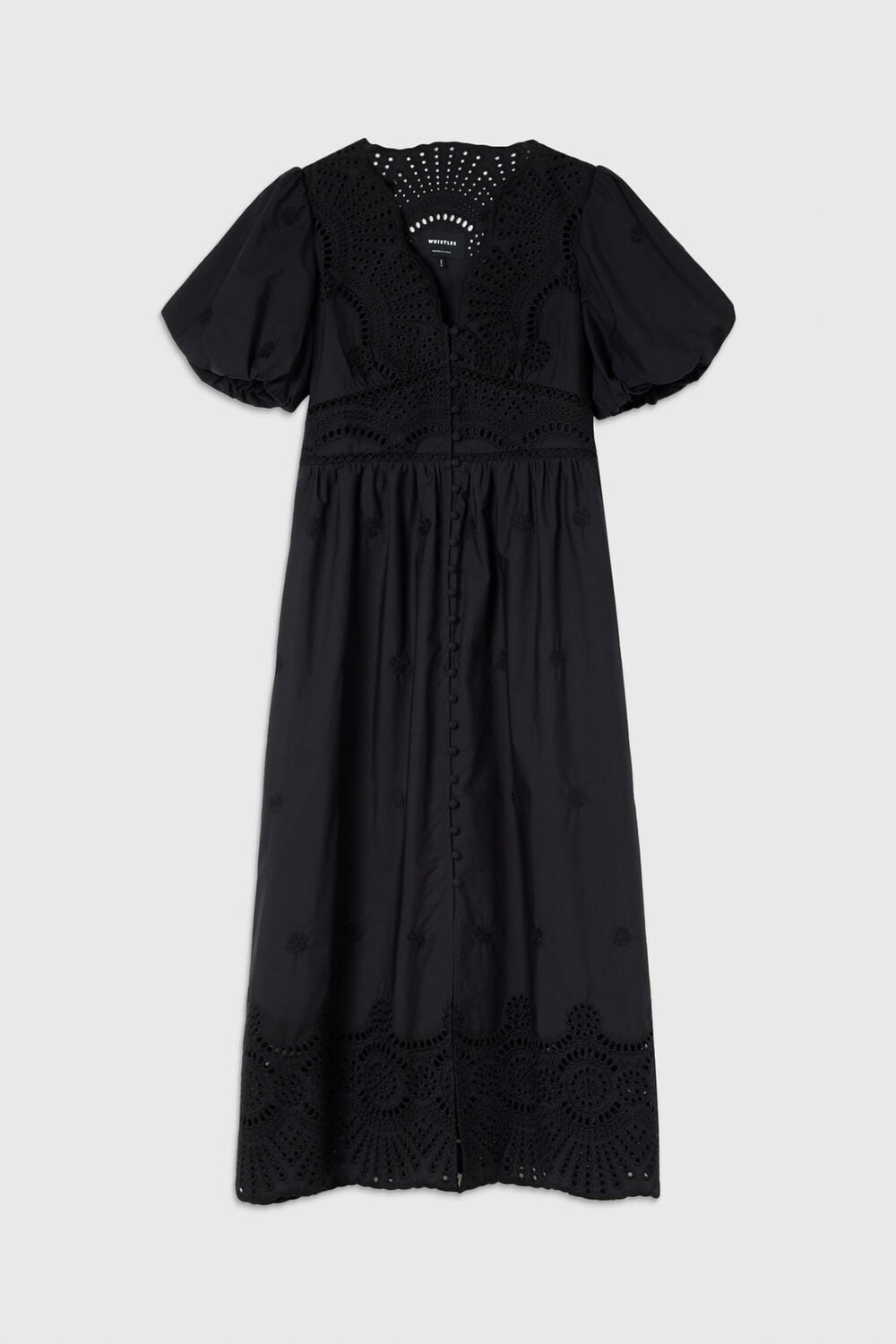 Black Cotton Broderie V Neck Dress