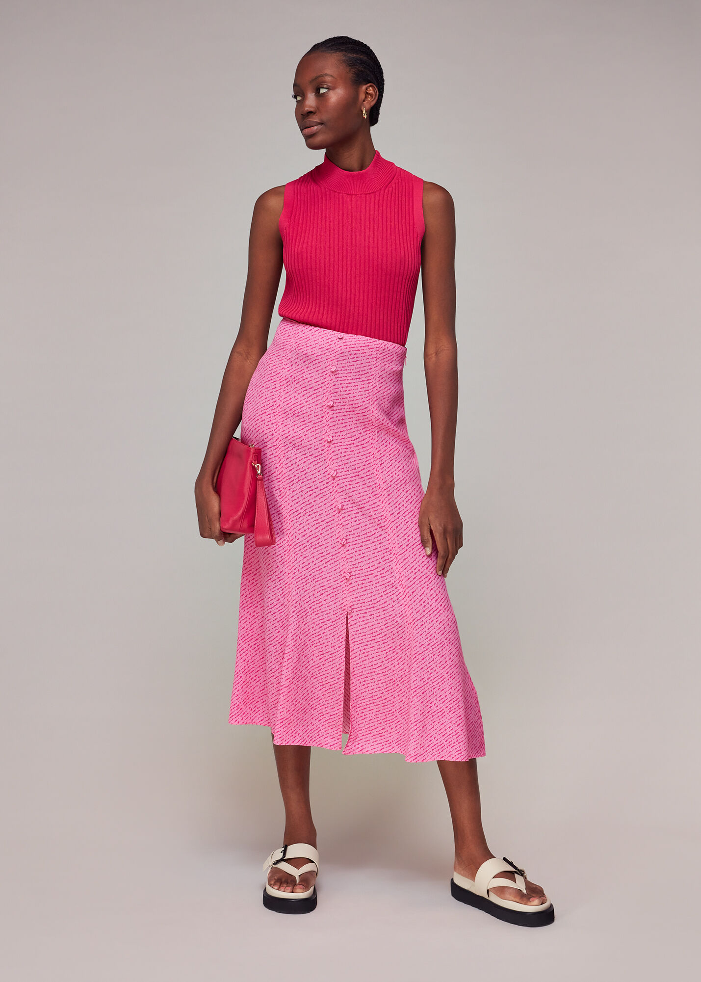 Pink/Multi Diagonal Fleck Print Button Fr | WHISTLES | Whistles US |