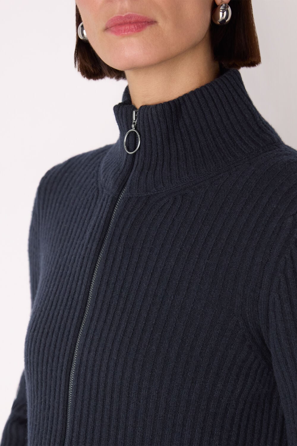 Navy Wool Zip Front Rib Cardigan