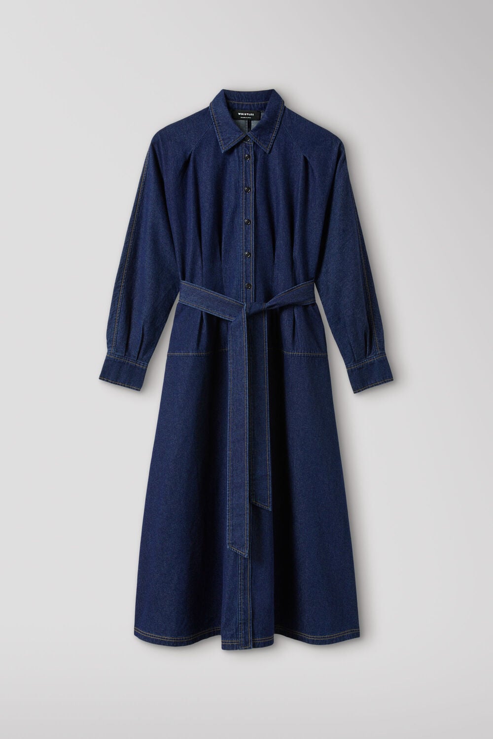 Dark Denim Waisted Midi Shirt Dress