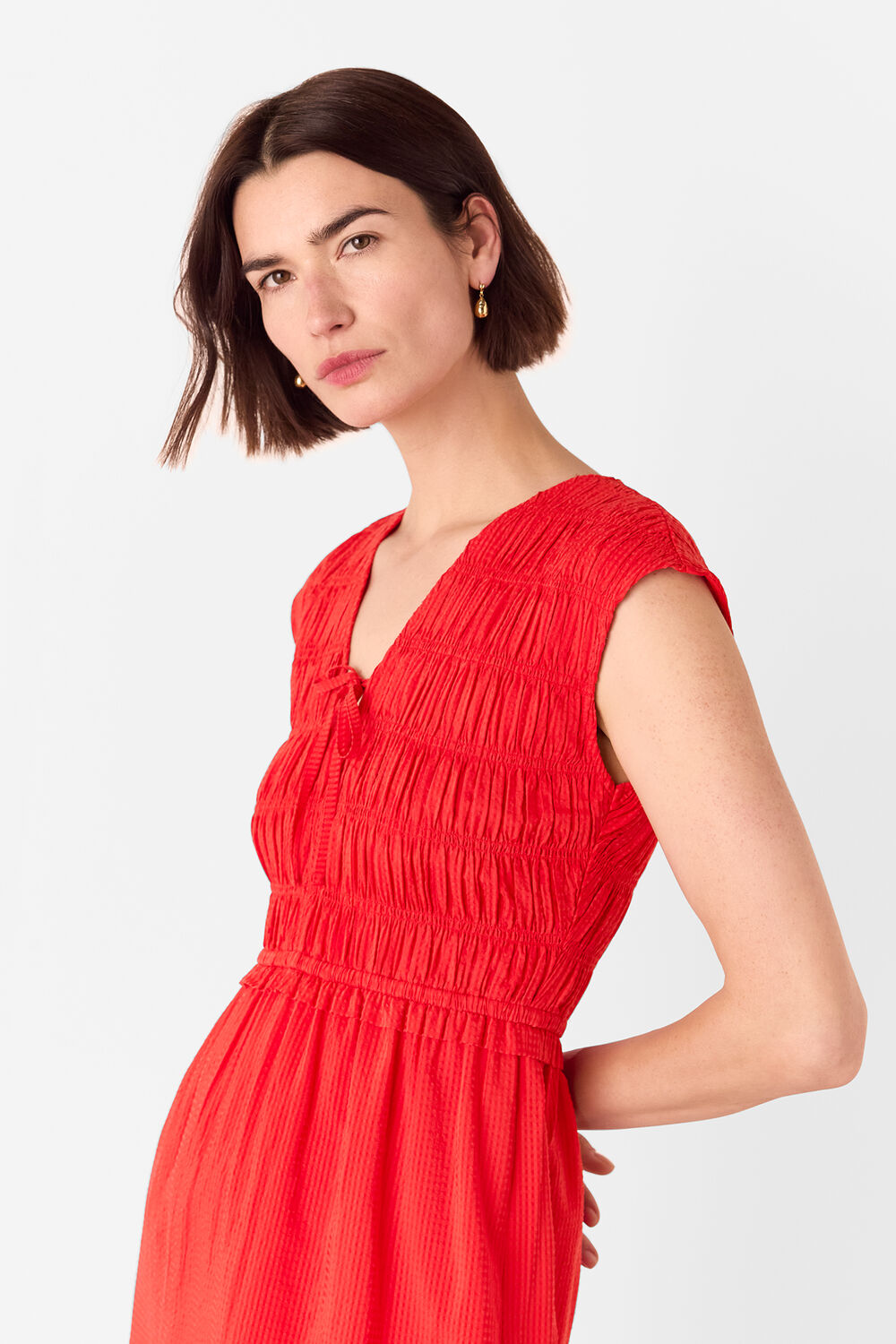 Shirred Bodice V Neck Dress