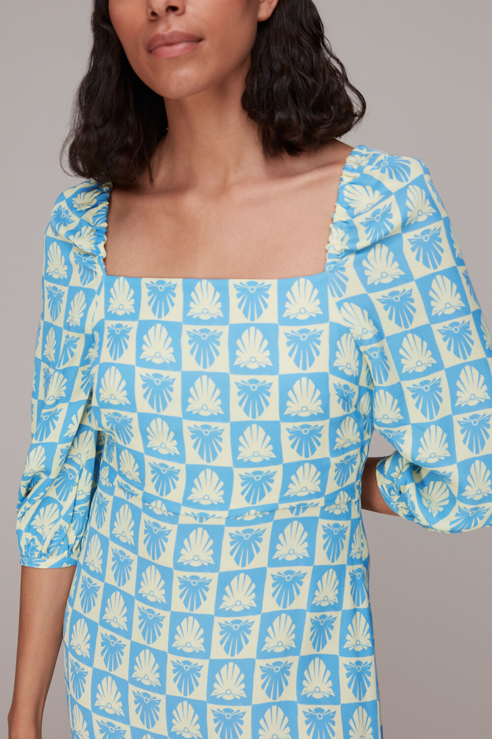 Blue Checkerboard Shells Midi Dress