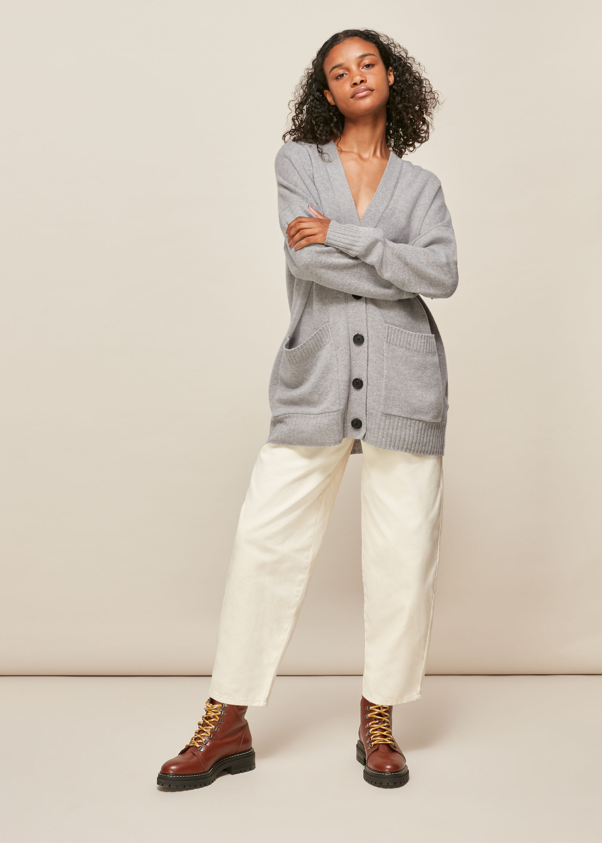 Women's Grey Long Line Pocket Wool Cardigan | Whistles US |