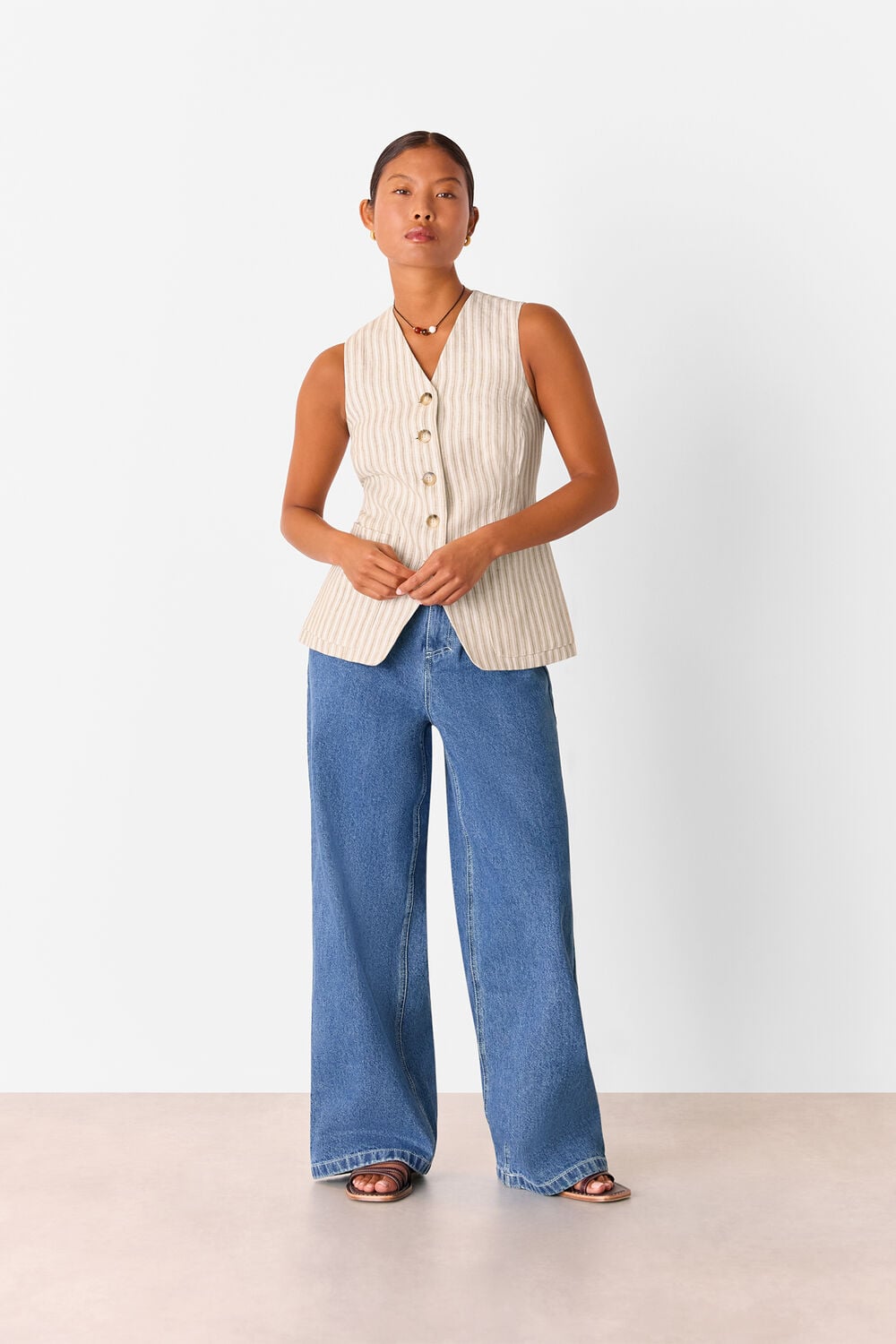 Neutral Petite Linen Stripe Waistcoat