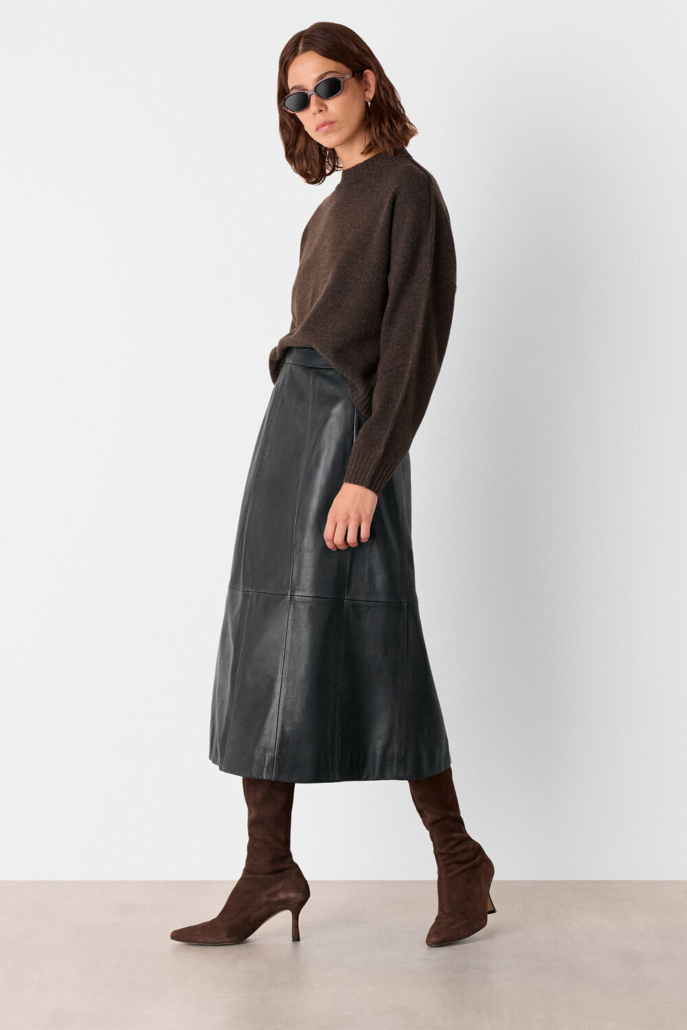 Black Burnished Leather Midi Skirt