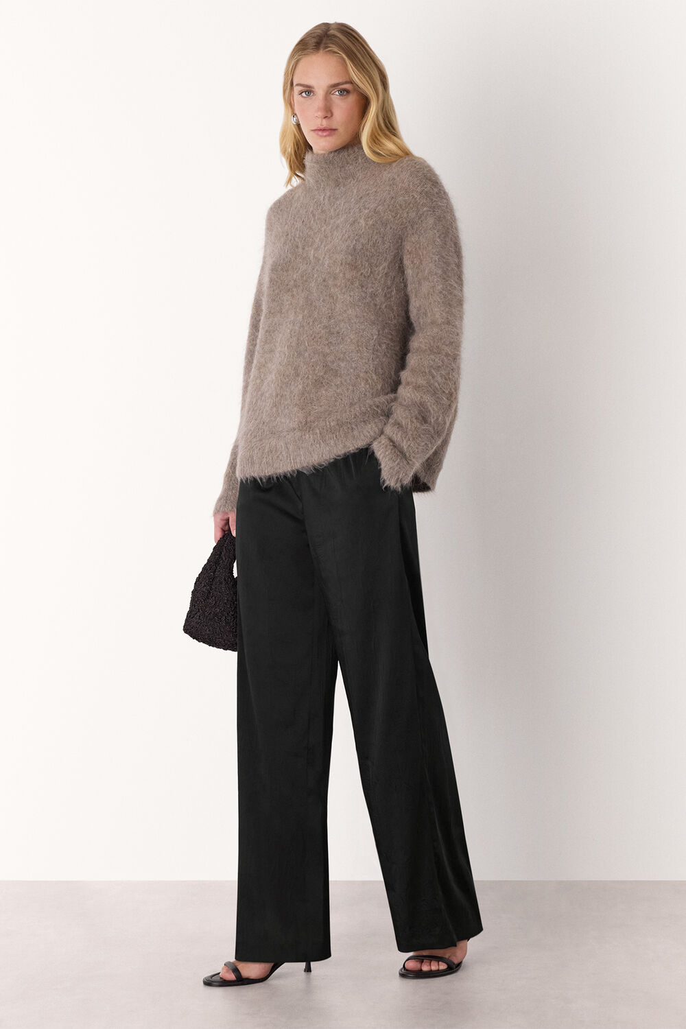 Black Textured Satin Pintuck Trouser