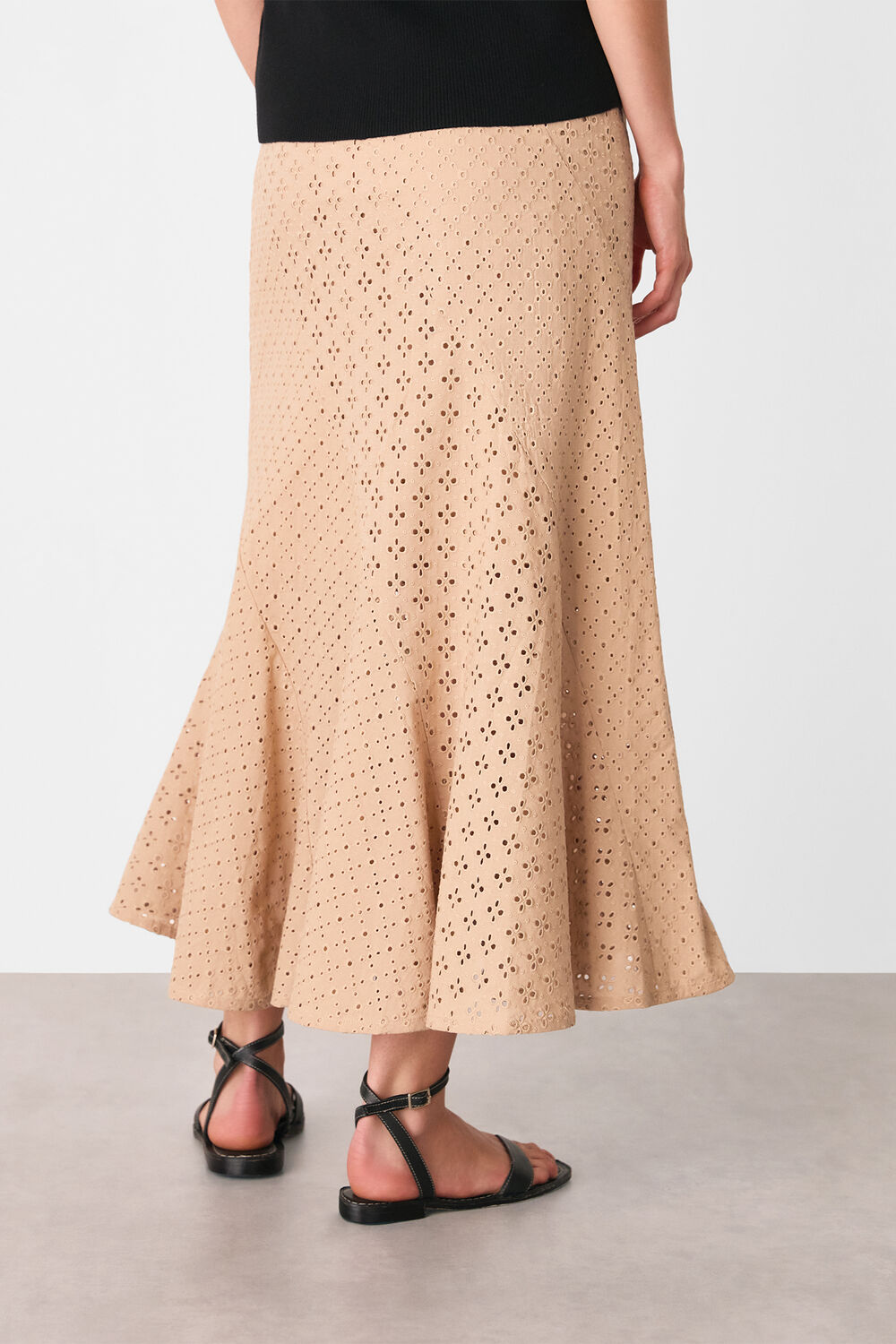 Camel Cotton Broderie Midi Skirt