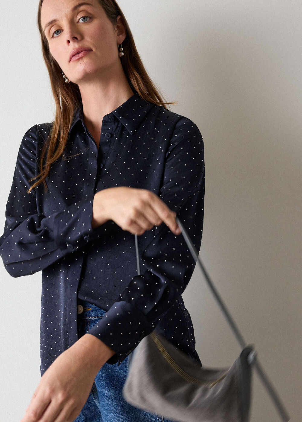 Navy Hot Fix Hammered Satin Shirt