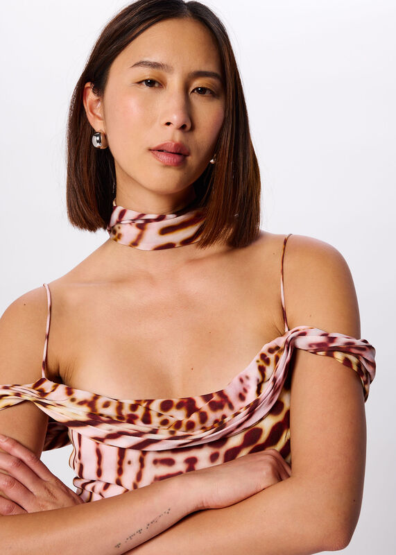 Pink Orchid Print Scarf Midi Dress