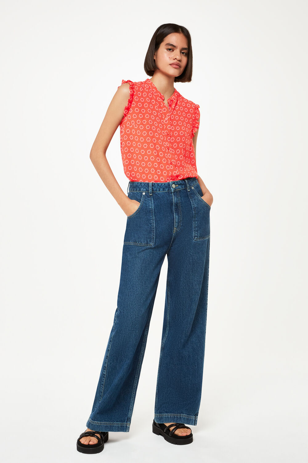 Red Flower Charm Frill Sleeve Top