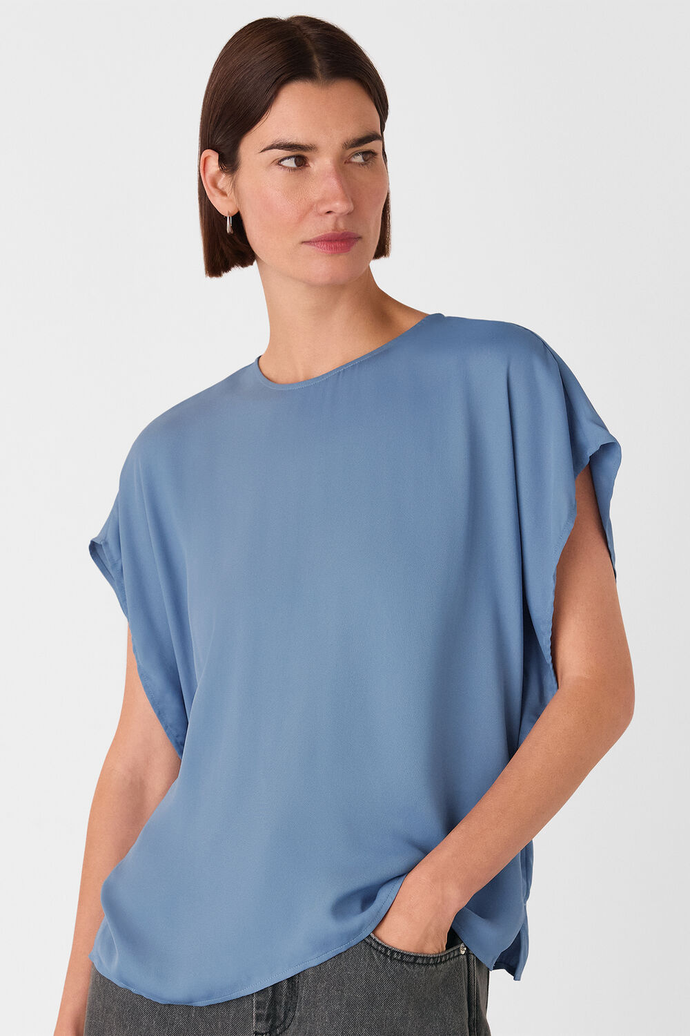 Blue Short Sleeve Crepe Shell Top