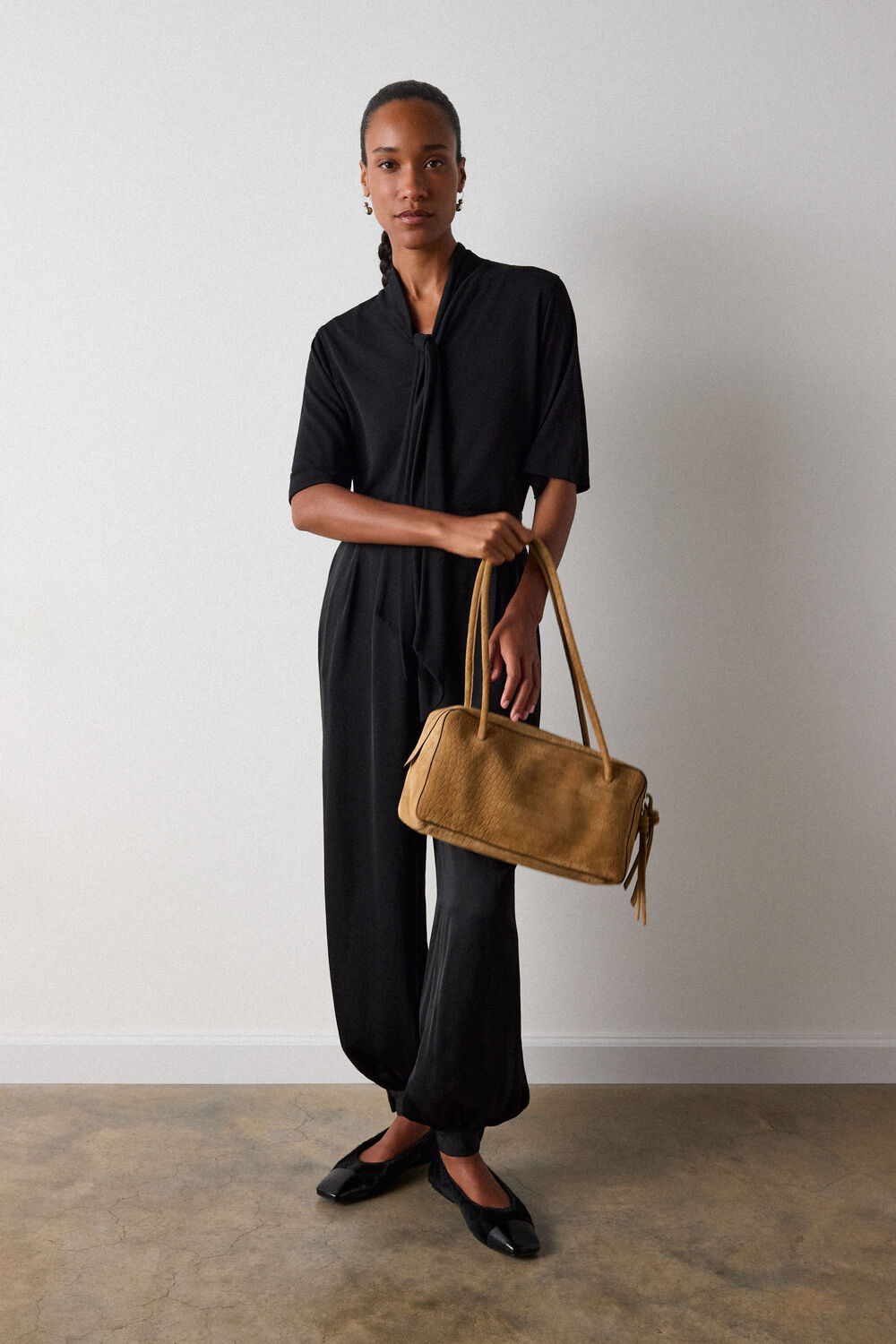 Black Short Sleeve Tie Neck Top