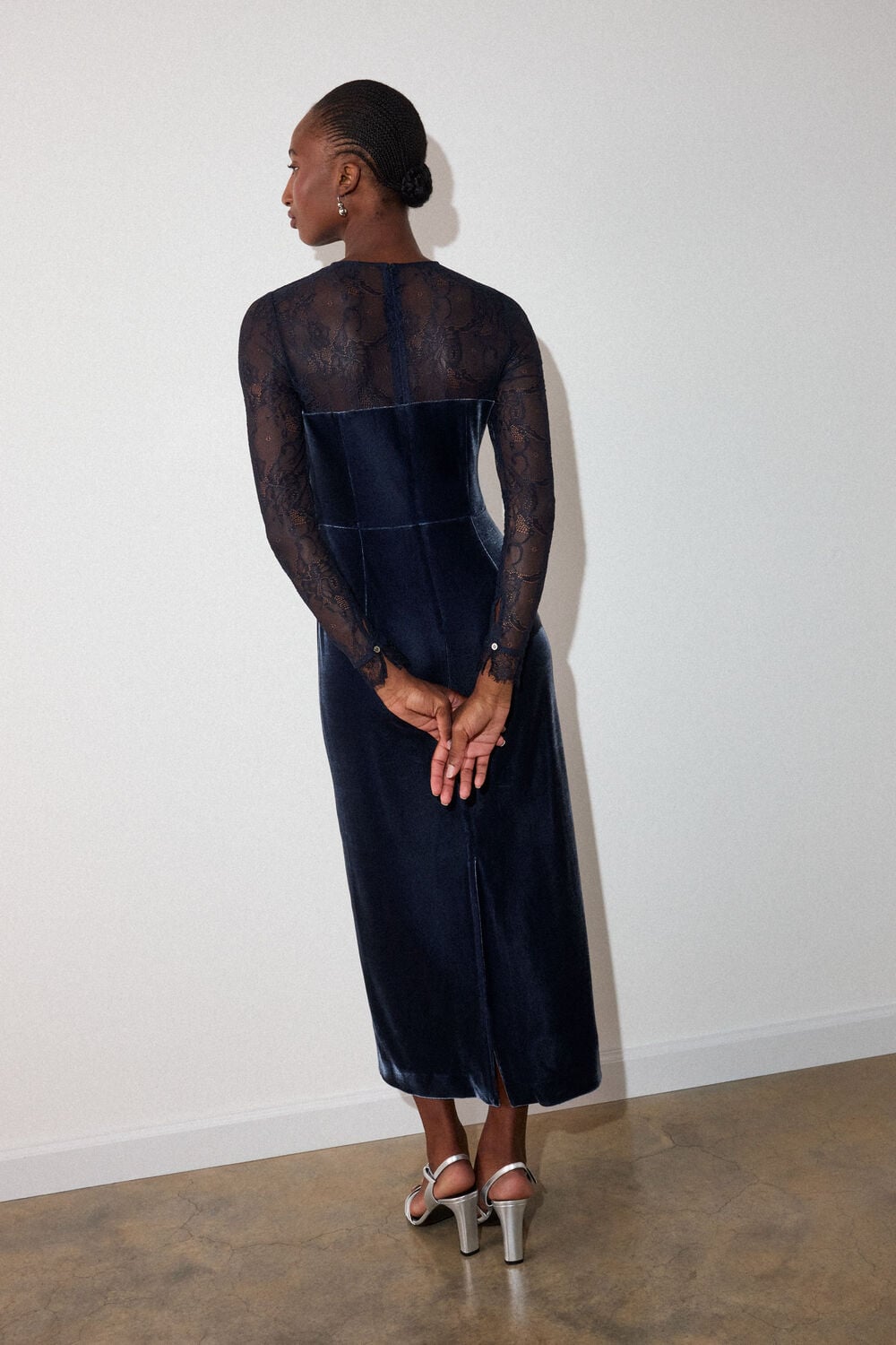 Navy Lace Sleeve Velvet Midi Dress