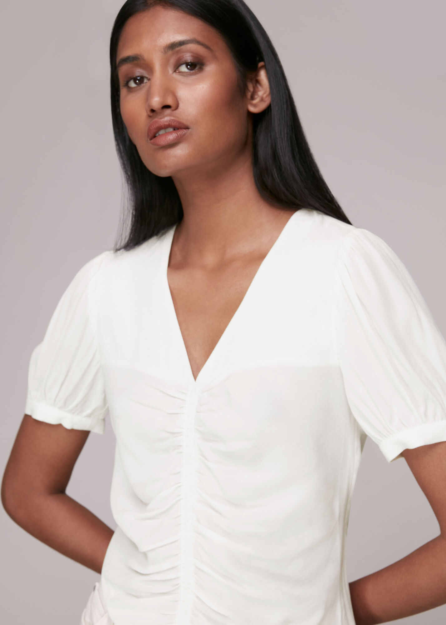 White V Neck Gather Detail Top WHISTLES