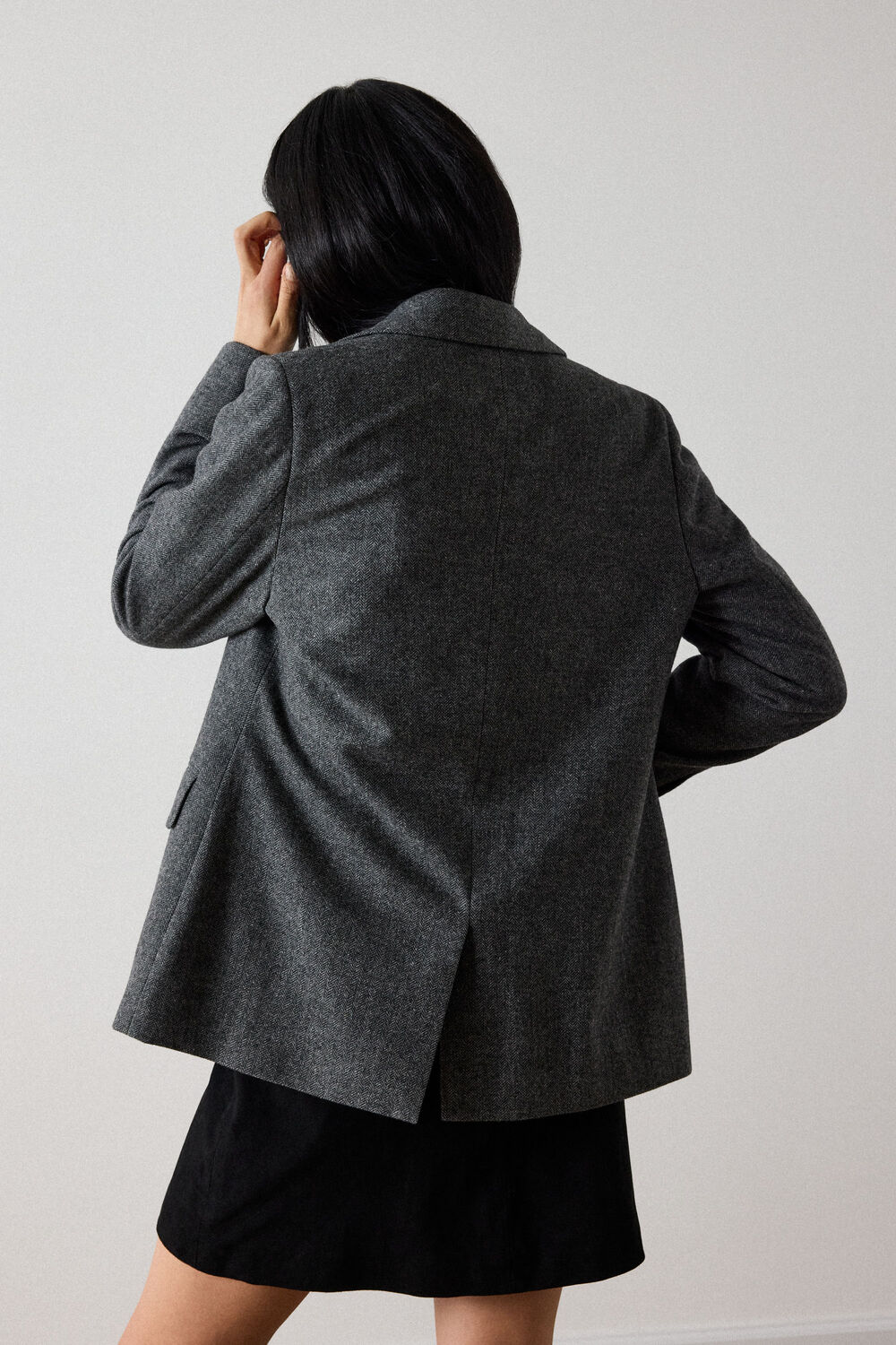 Grey Herringbone Wool Blend Blazer