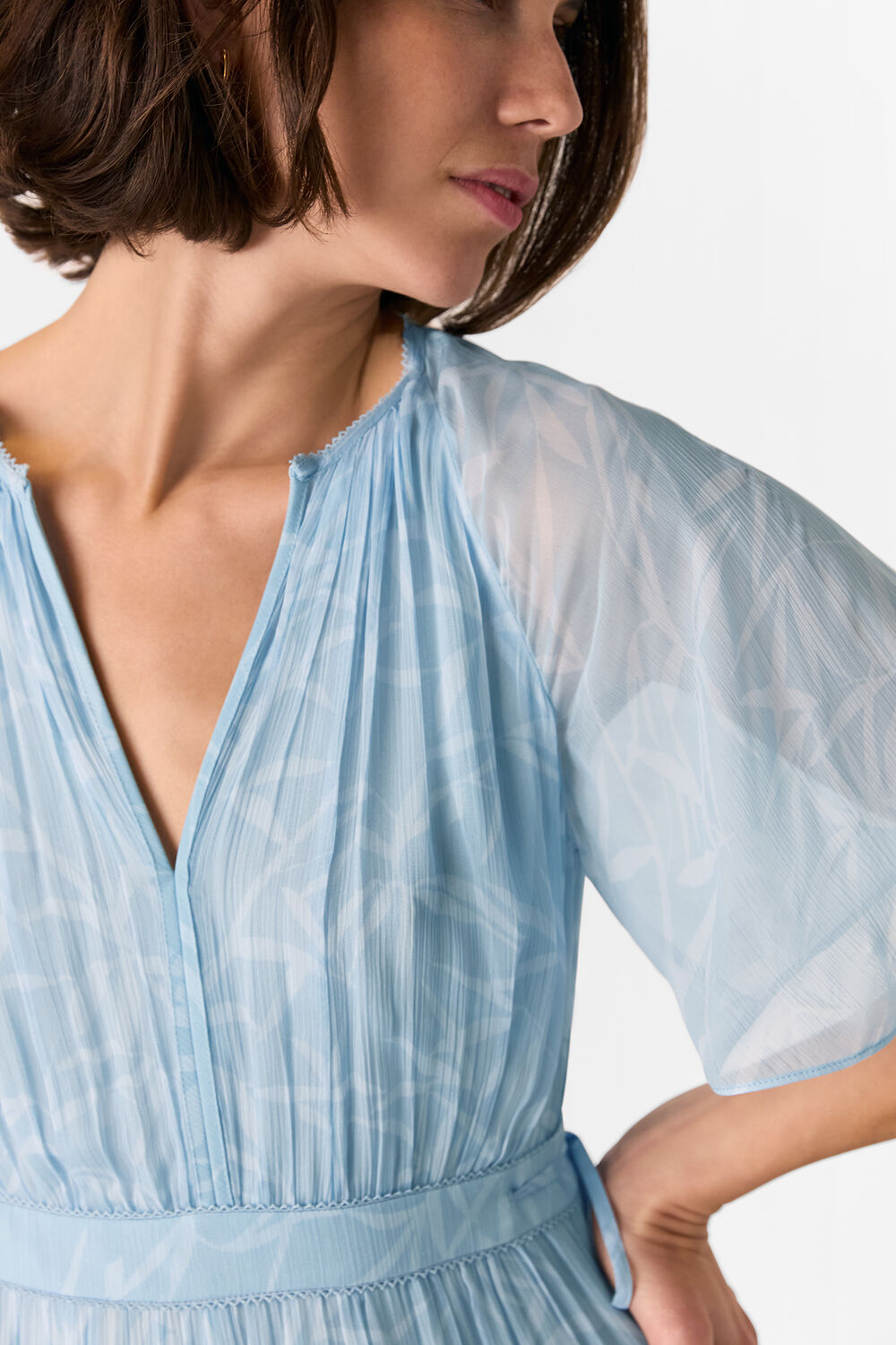 Blue Bamboo Leaves Gathered Dress