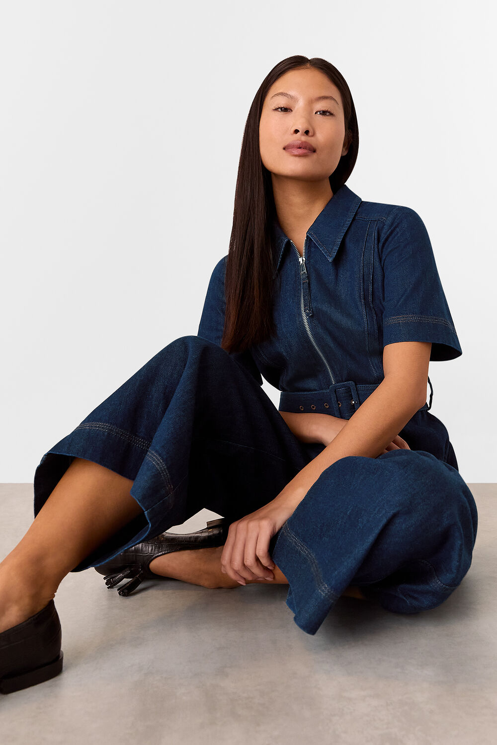 Petite Denim Pintuck Belted Jumpsuit