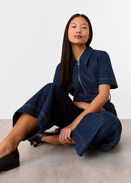 Petite Denim Pintuck Belted Jumpsuit