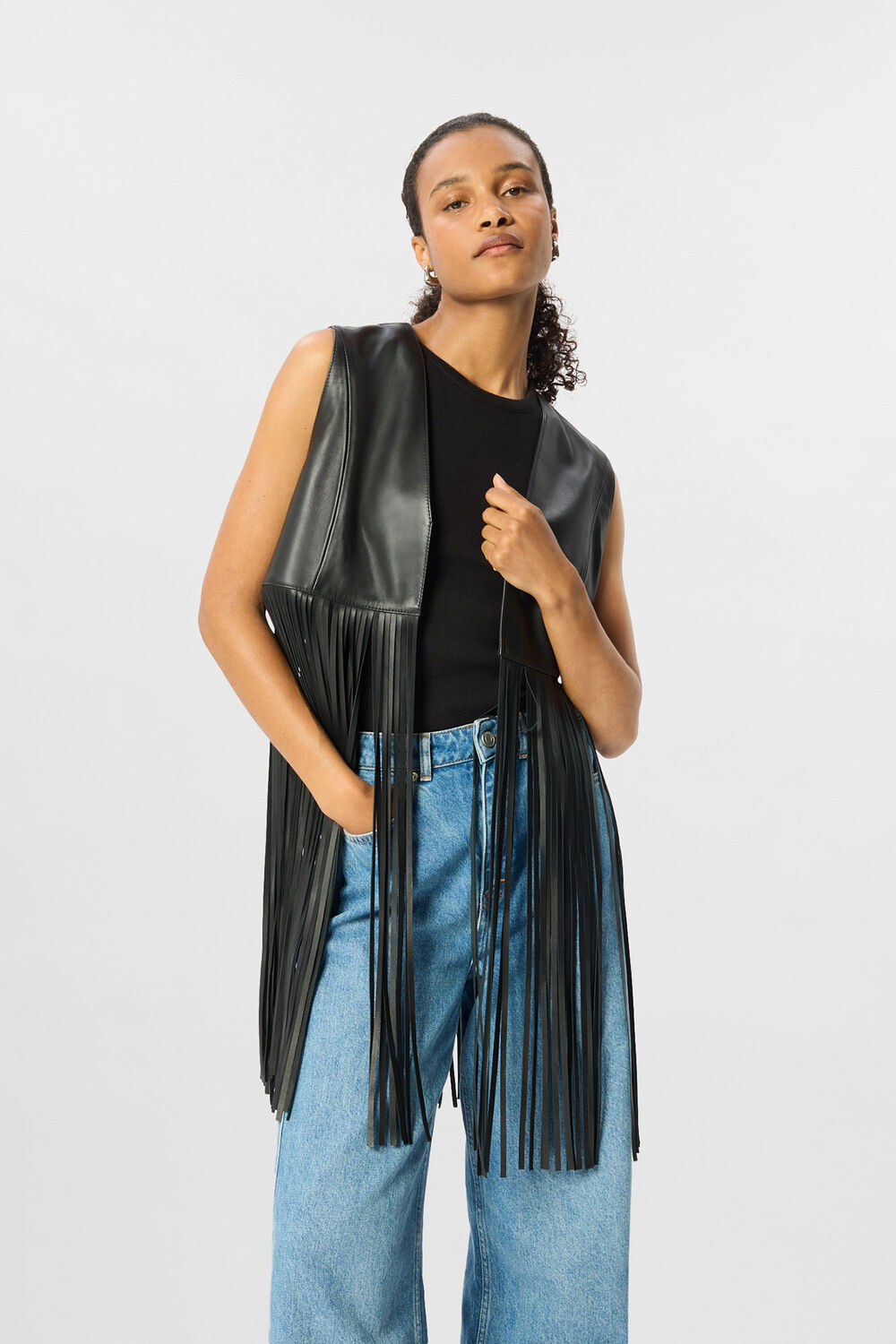 Black Rei Leather Fringed Waistcoat