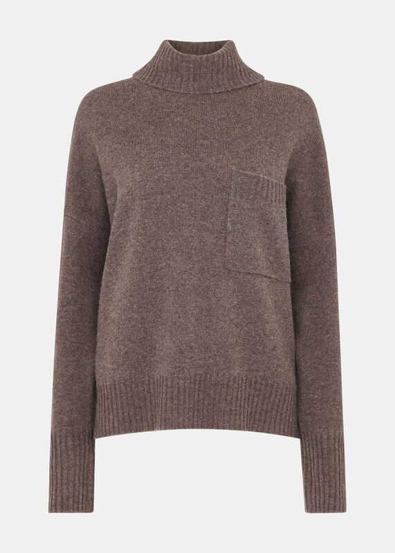 Chocolate Wool Turtleneck Pocket Sweater