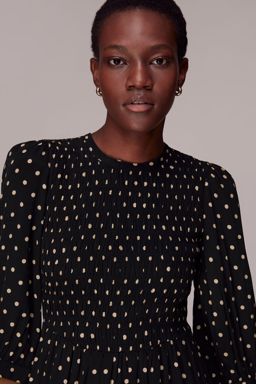 Shirred Spot Midi Dress