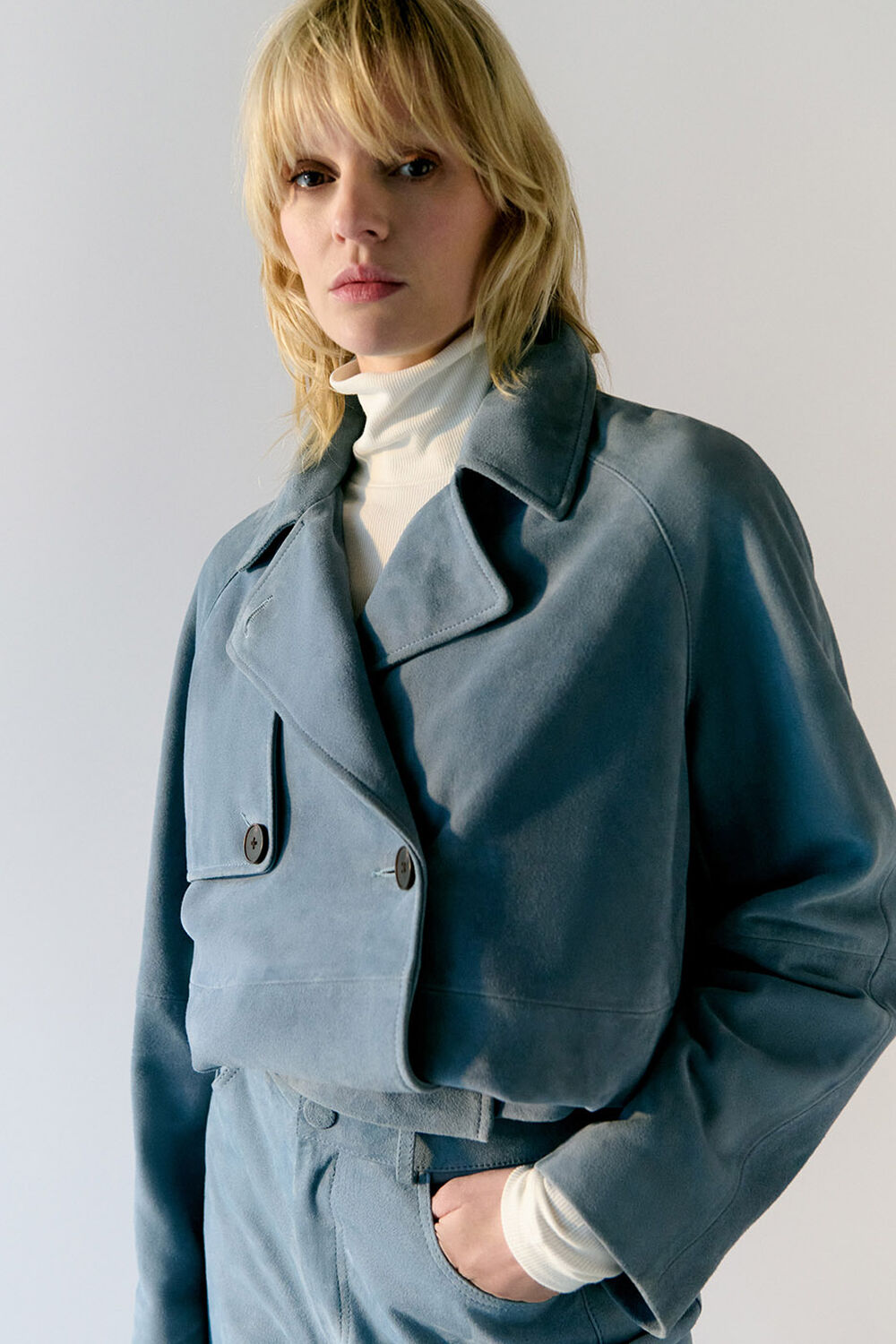 Blue Suede Short Trench Jacket