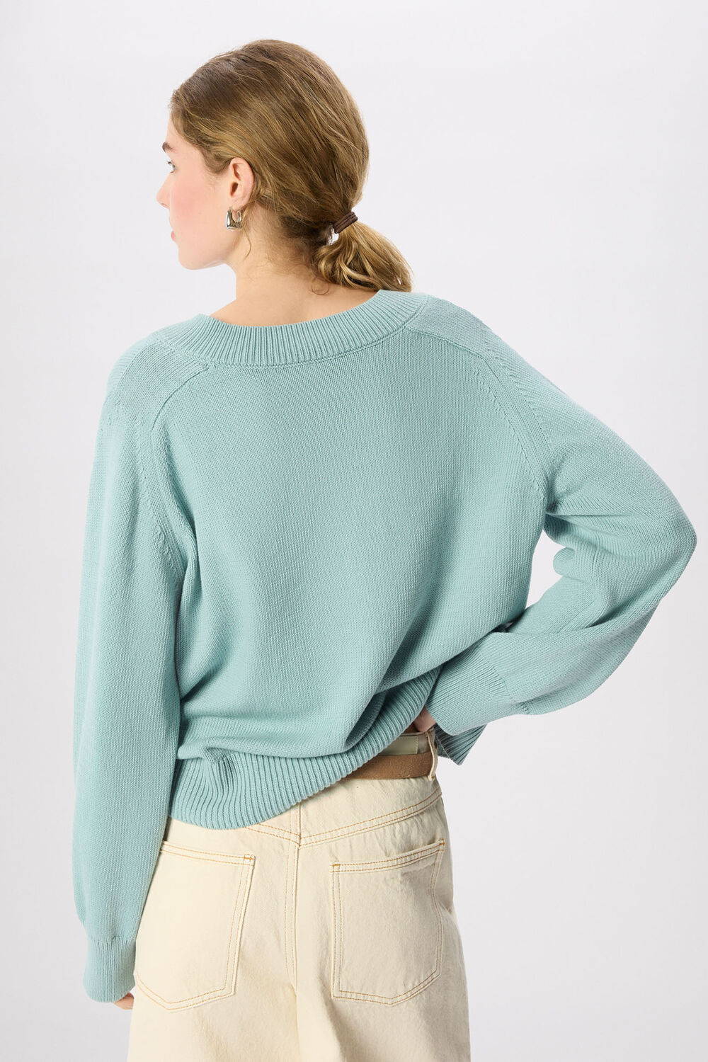 Blue Cotton V Neck Relaxed Knit