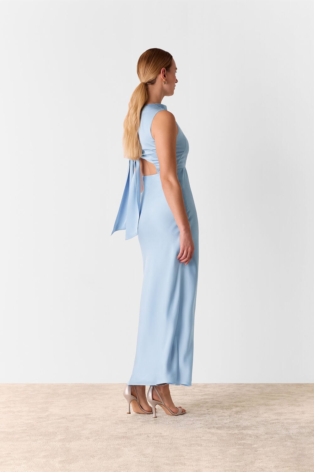 Pale Blue Cowl Neck Satin Maxi Dress