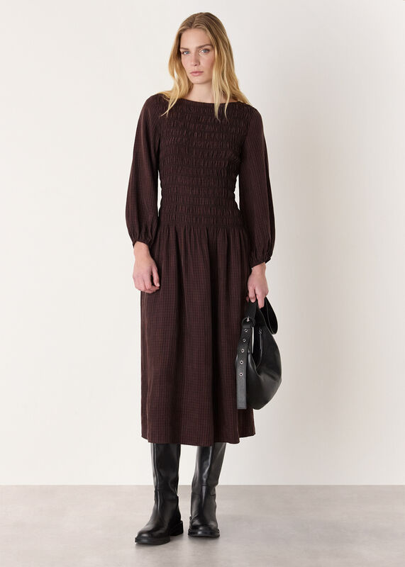 Brown Checked Shirred Dress