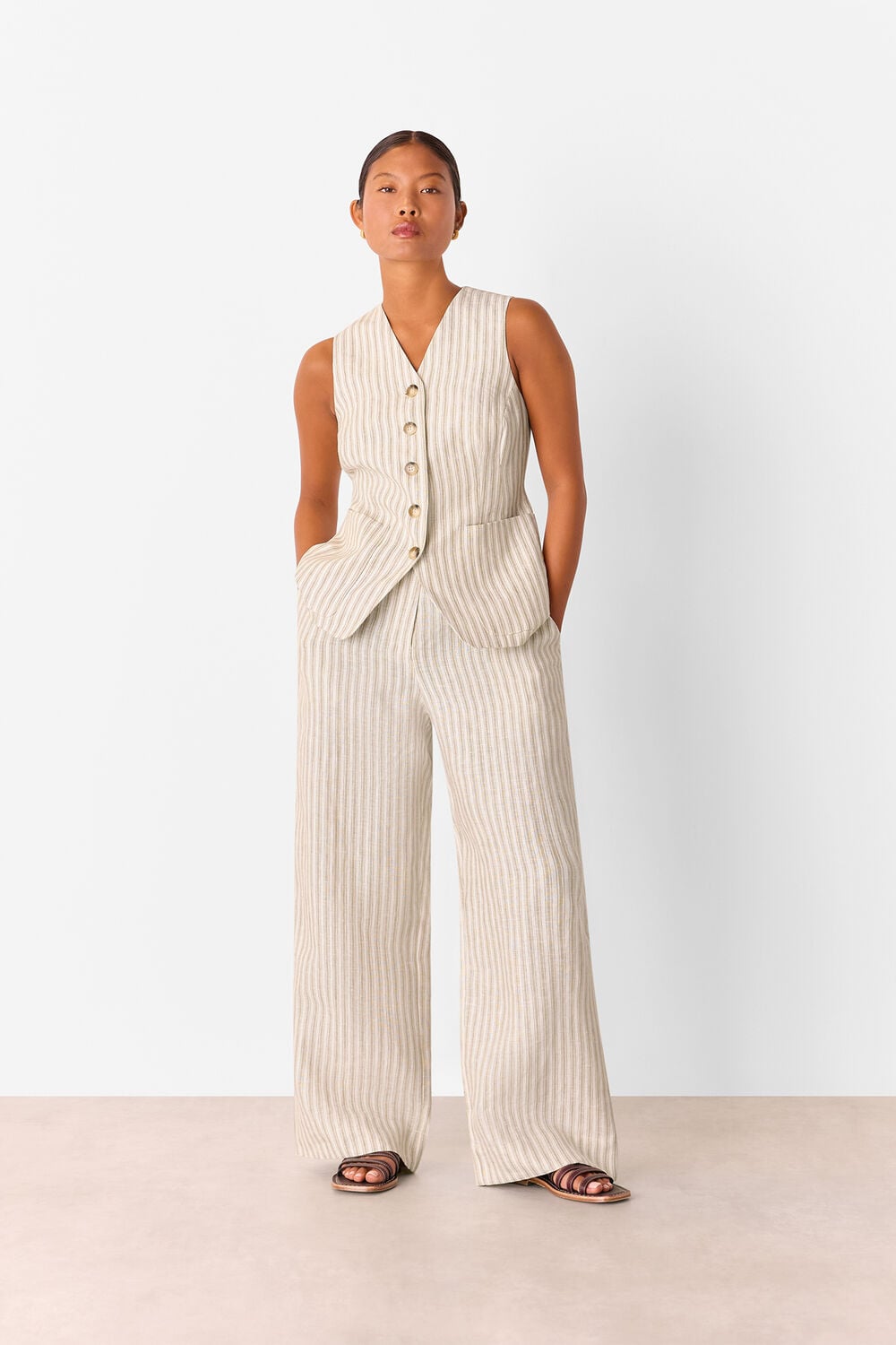 Neutral Petite Linen Stripe Waistcoat