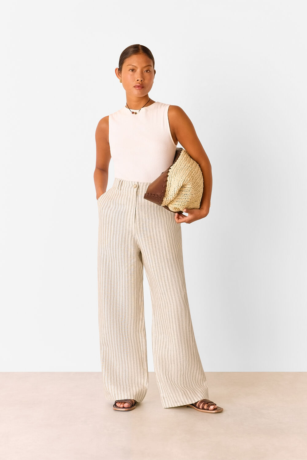 Neutral Petite Linen Stripe Trouser