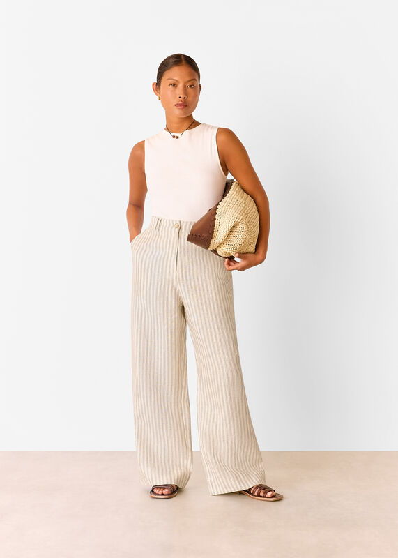 Neutral Petite Linen Stripe Trouser