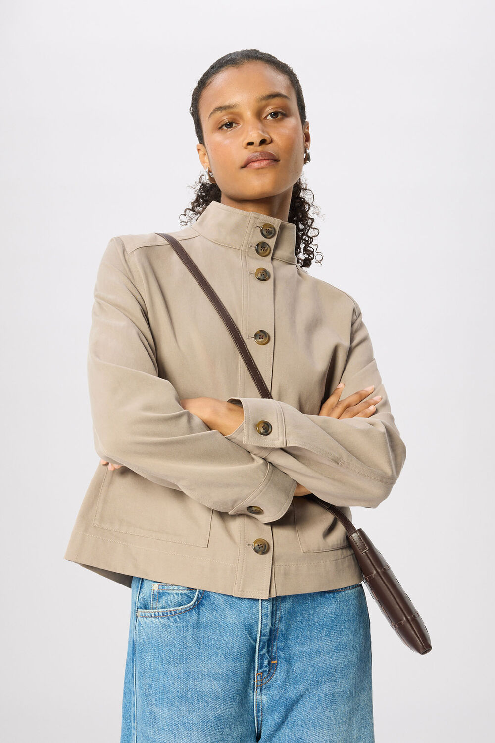 Taupe Funnel Neck Cotton Jacket