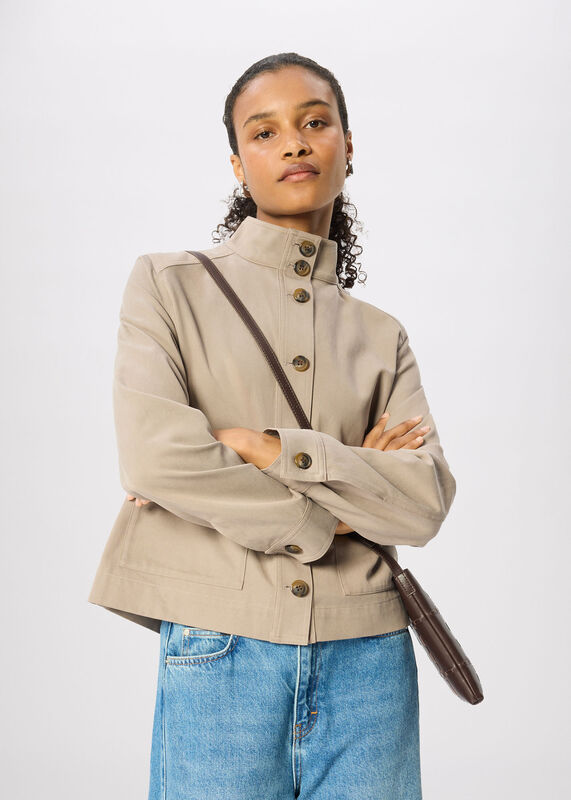 Taupe Funnel Neck Cotton Jacket