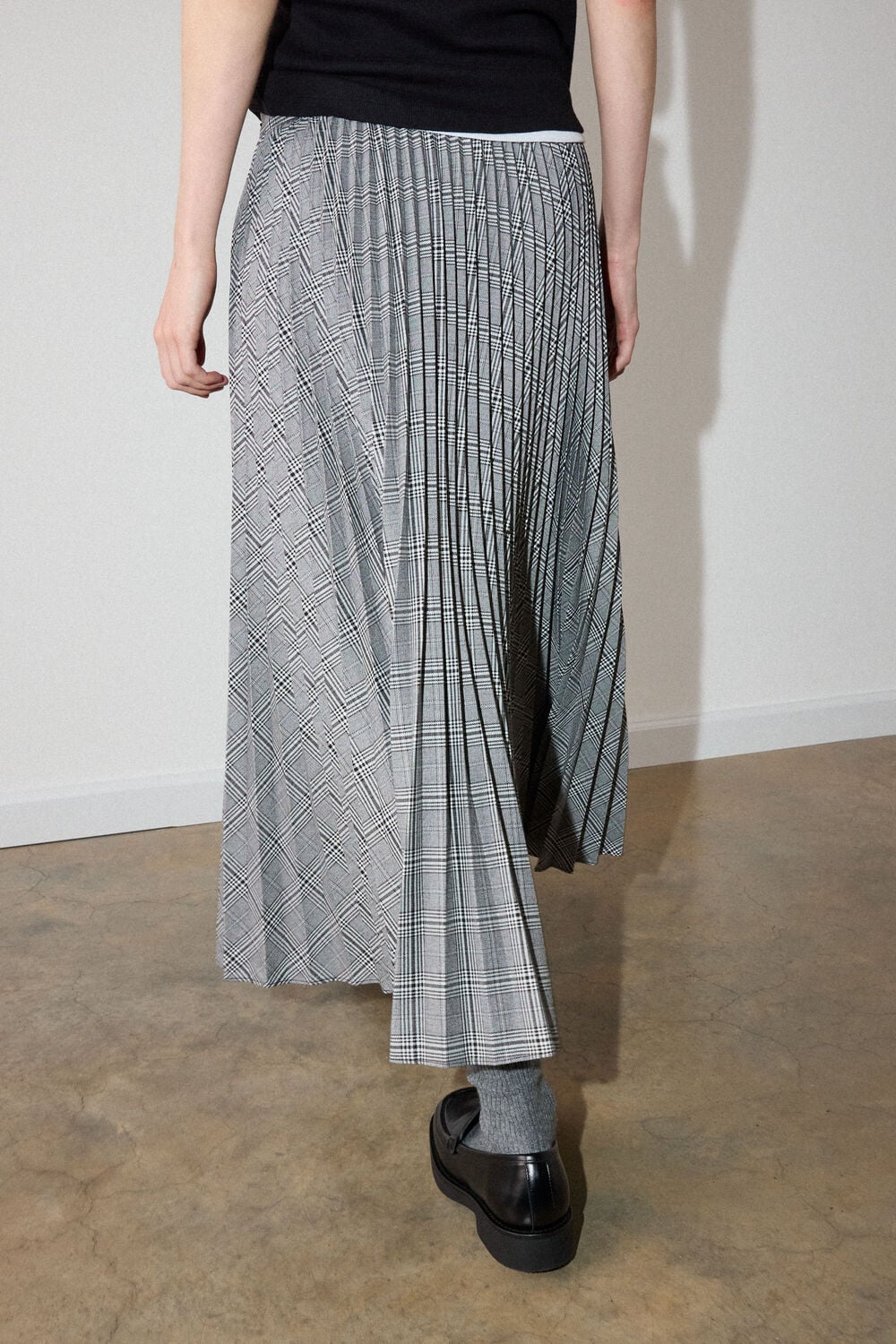 Grey Check Pleated Midi Skirt