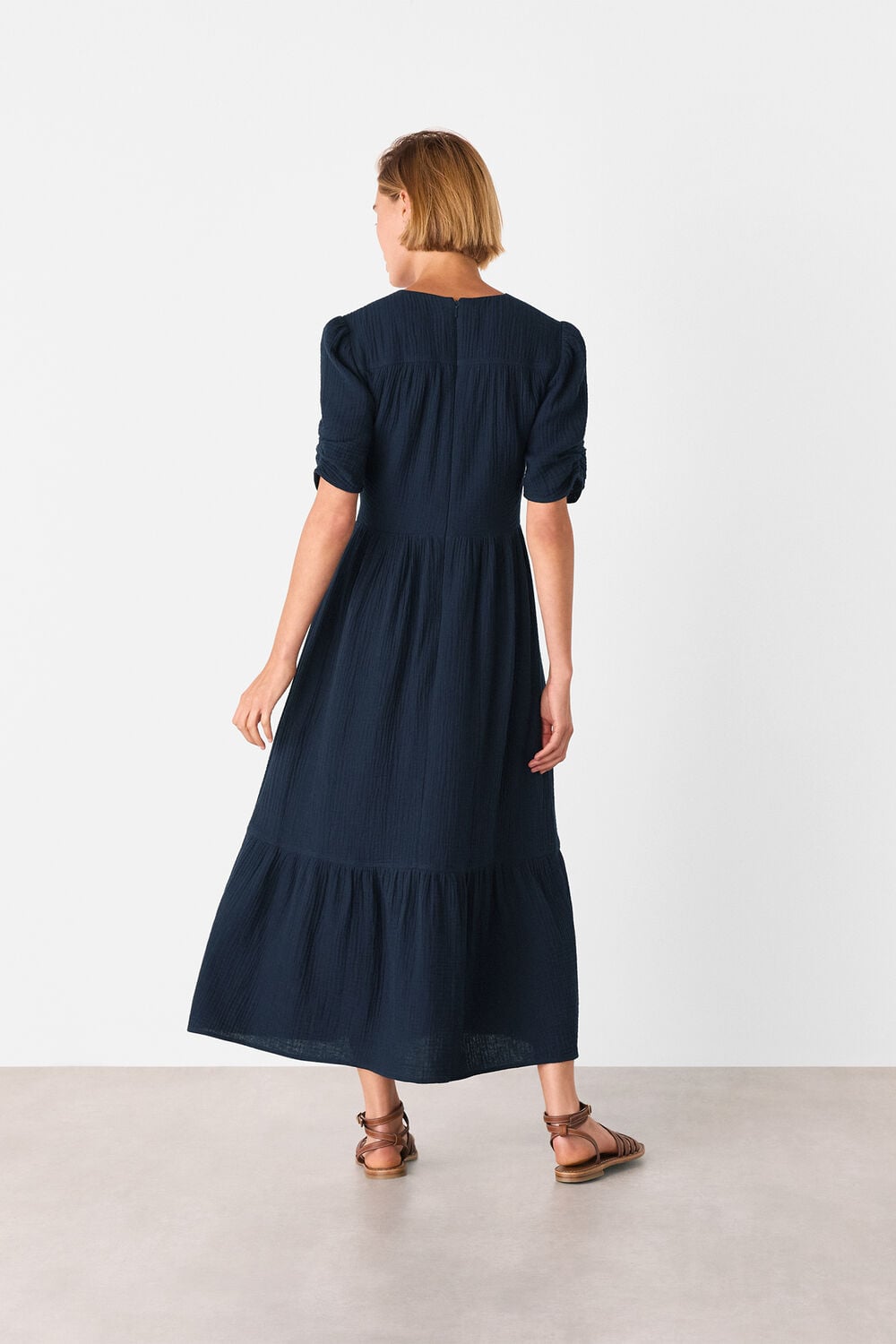 Navy Textured Cotton Midi Dress