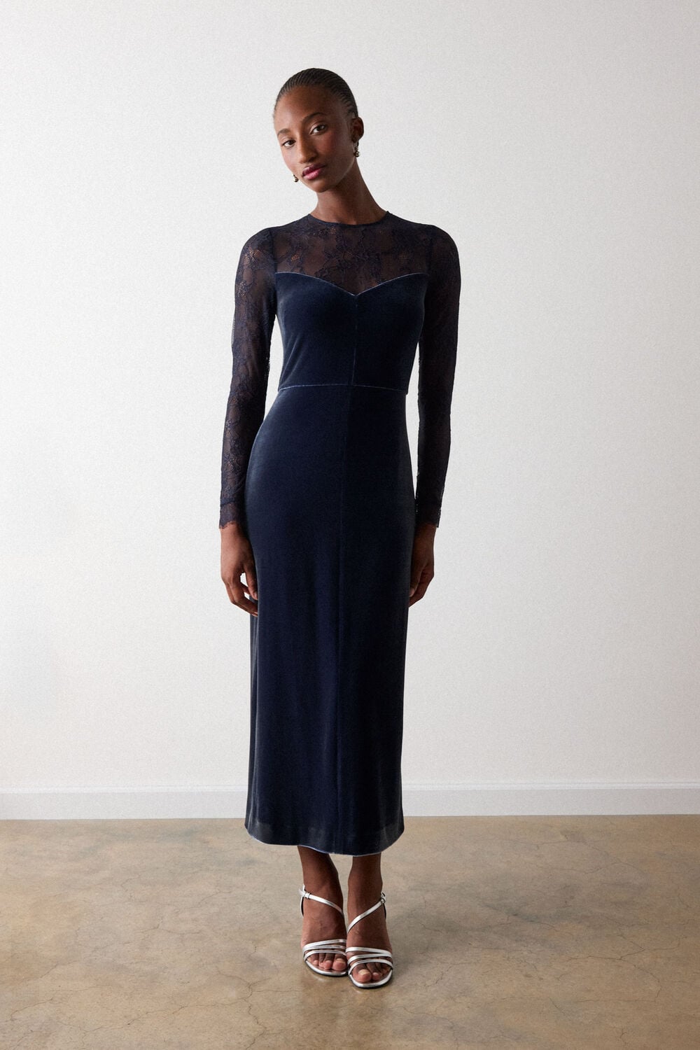 Navy Lace Sleeve Velvet Midi Dress