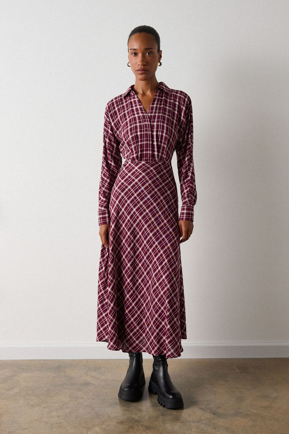 Burgundy Check Midi Shirt Dress