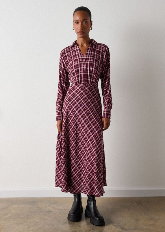 Burgundy Check Midi Shirt Dress