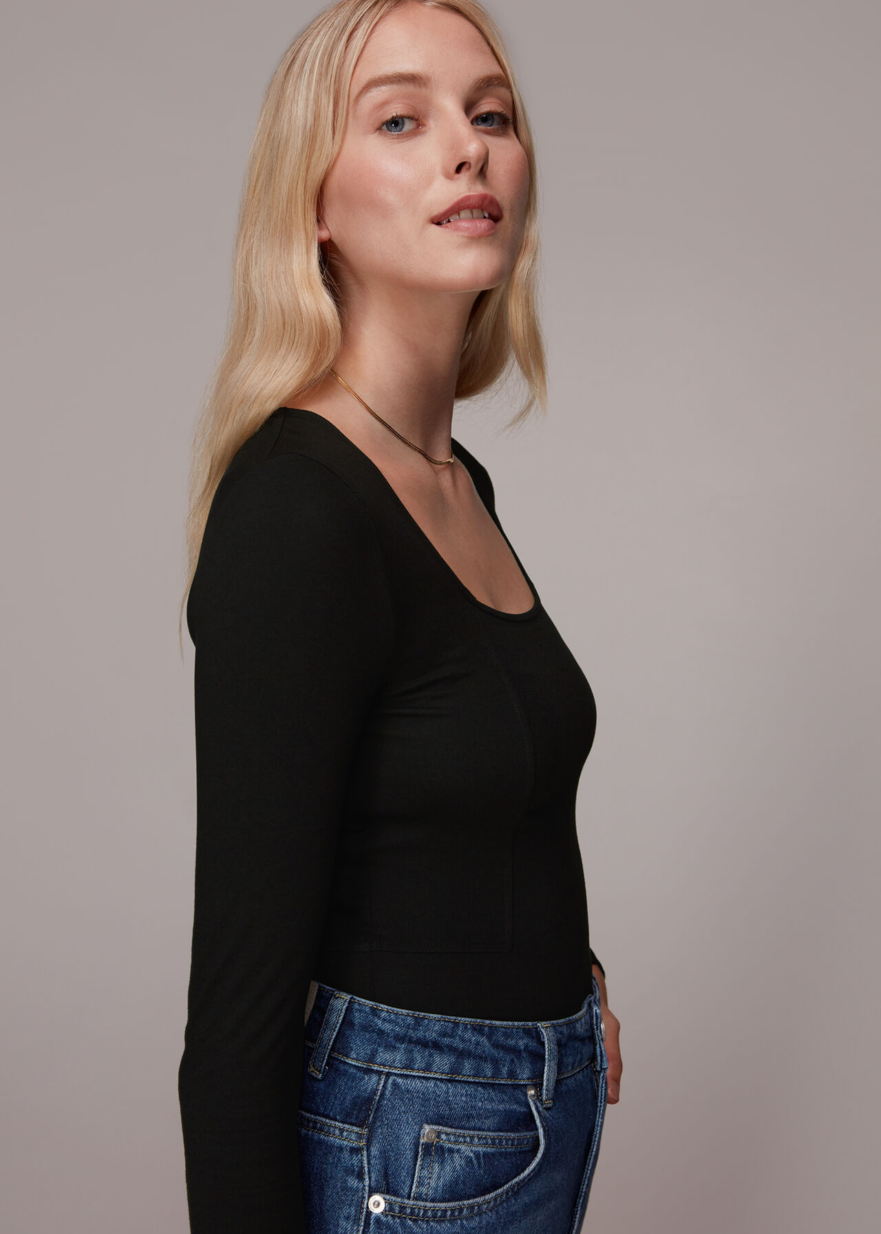 Black Square Neck Long Sleeve Top, WHISTLES