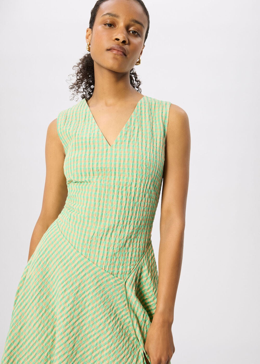 Check V Neck Asymmetric Dress