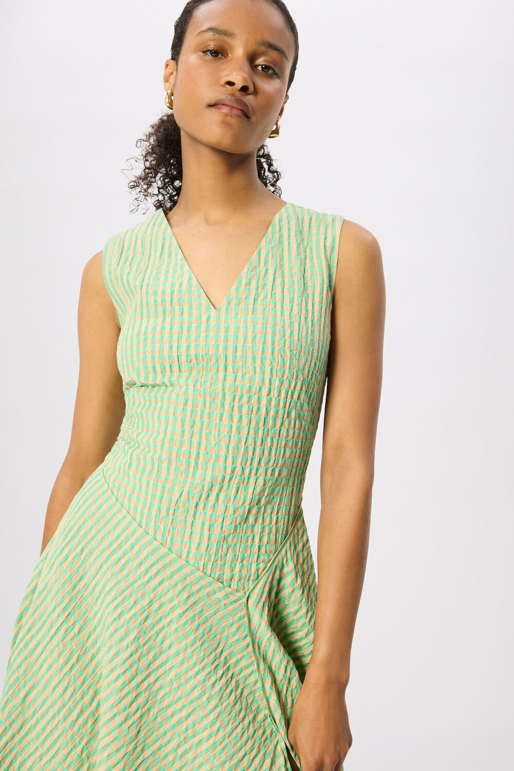 Green Check V Neck Asymmetric Dress