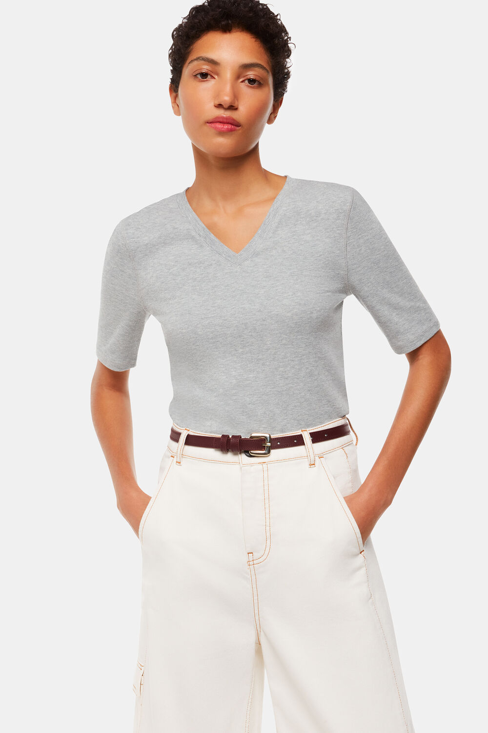 Grey Marl V Neck Ribbed T-Shirt