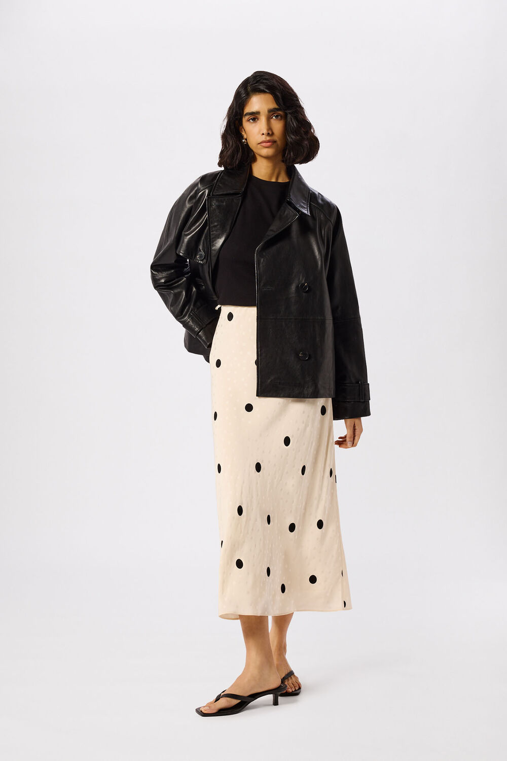 Cream Jacquard Spot Satin Midi Skirt