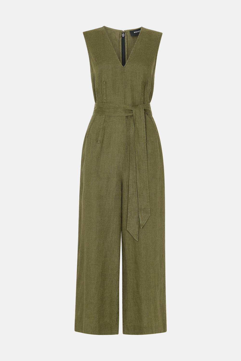 Khaki Petite Belted Seamed Linen Jumpsuit